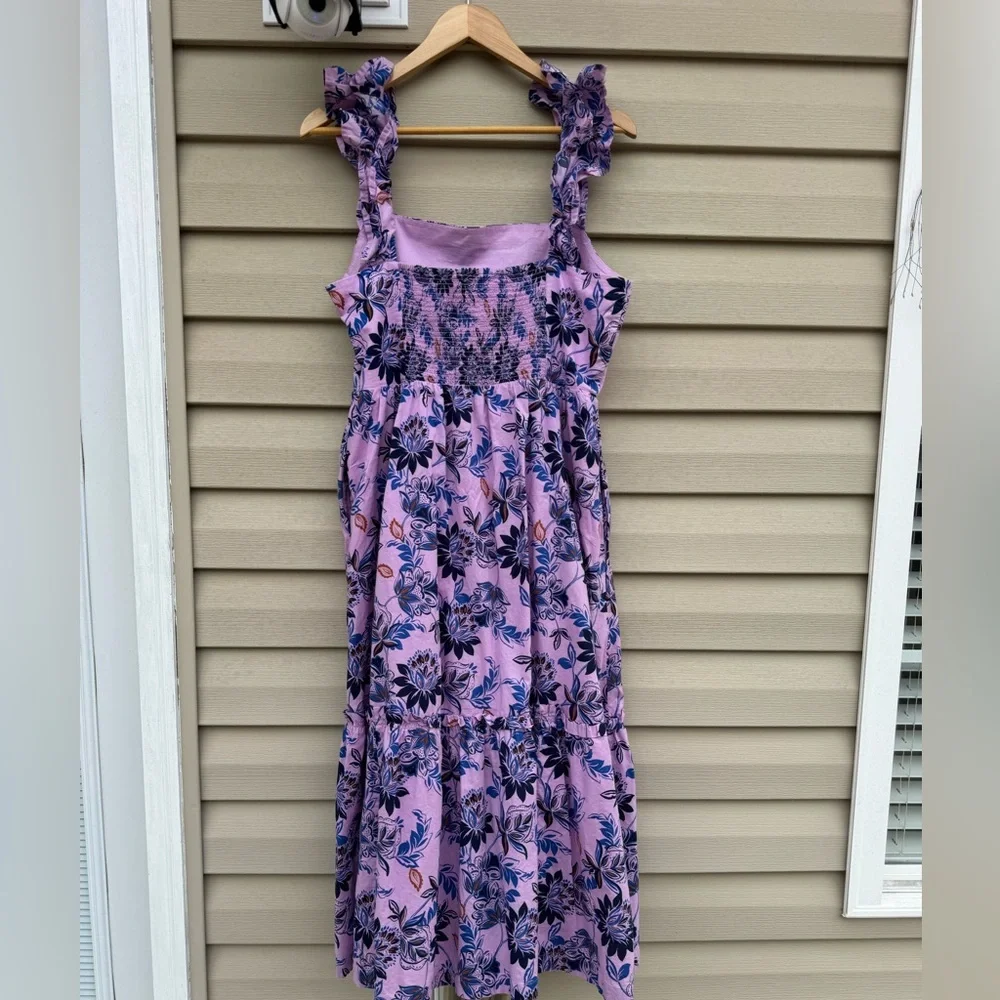 J Crew Square Neck Tiered Floral Pink and Blue Dress